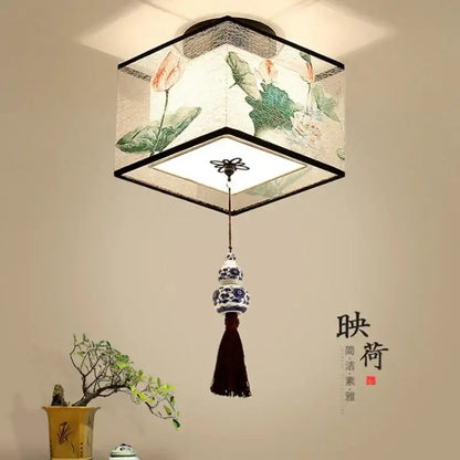 Chinese style ceiling lamp for villa corridors with ink wash painting