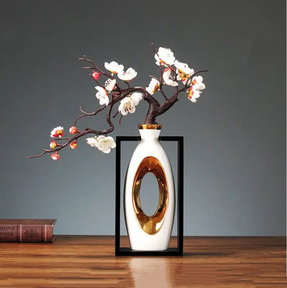 Chinese style ceramic vase with wooden frame for living room decor