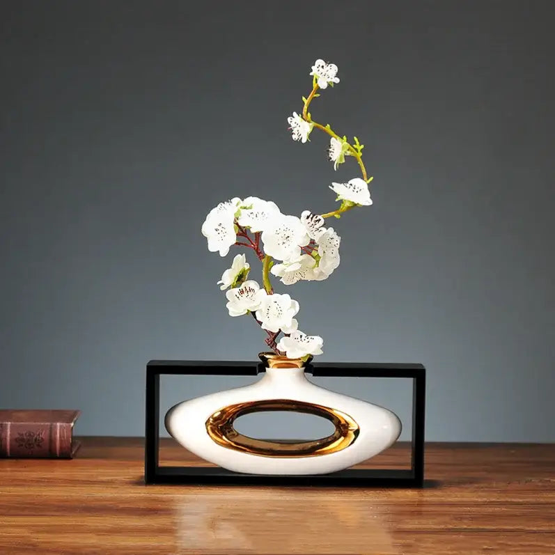 Chinese style ceramic vase with wooden frame for living room decor
