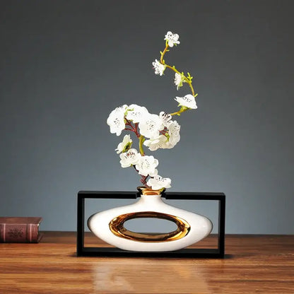 Chinese style ceramic vase with wooden frame for living room decor