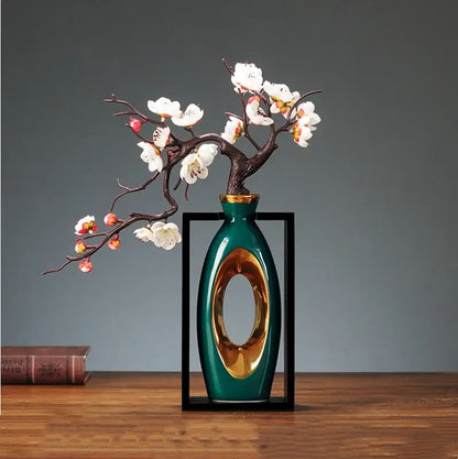 Chinese style ceramic vase with wooden frame for living room decor