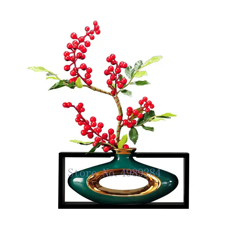 Chinese style ceramic vase with wooden frame for living room decor