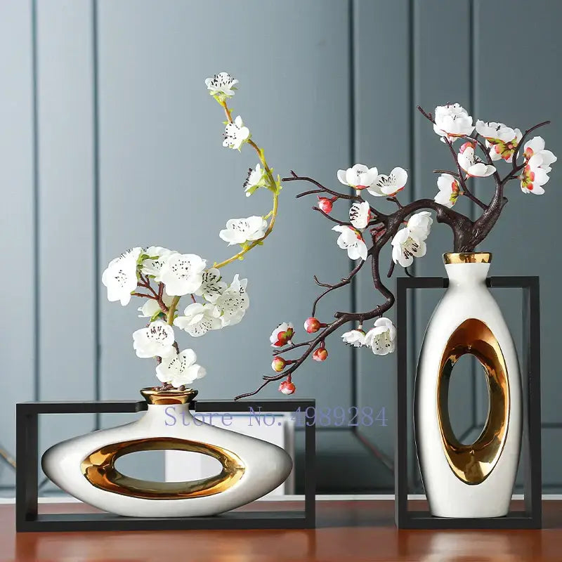 Chinese style ceramic vase with wooden frame for living room decor