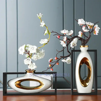Chinese style ceramic vase with wooden frame for living room decor