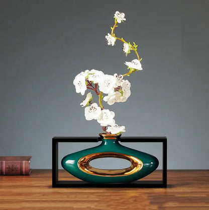 Chinese style ceramic vase with wooden frame for living room decor