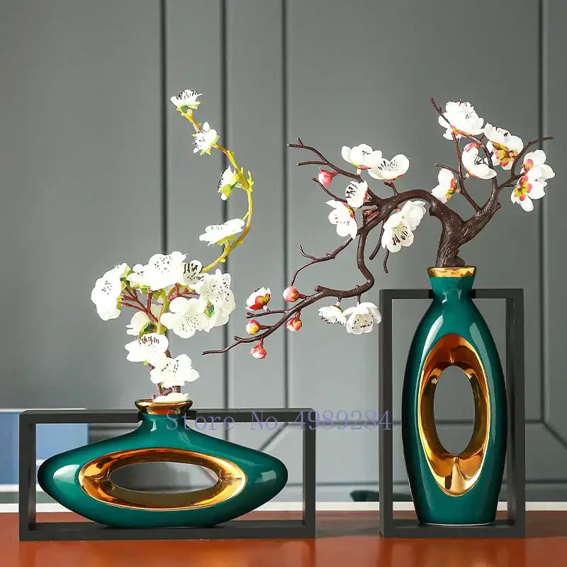 Chinese style ceramic vase with wooden frame for living room decor