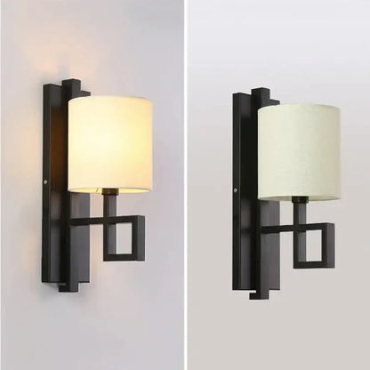 Chinese style cloth wall lamp for bedroom with geometric metal frame