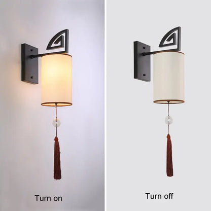 Chinese style black e27 cloth wall sconce living room tassel light
