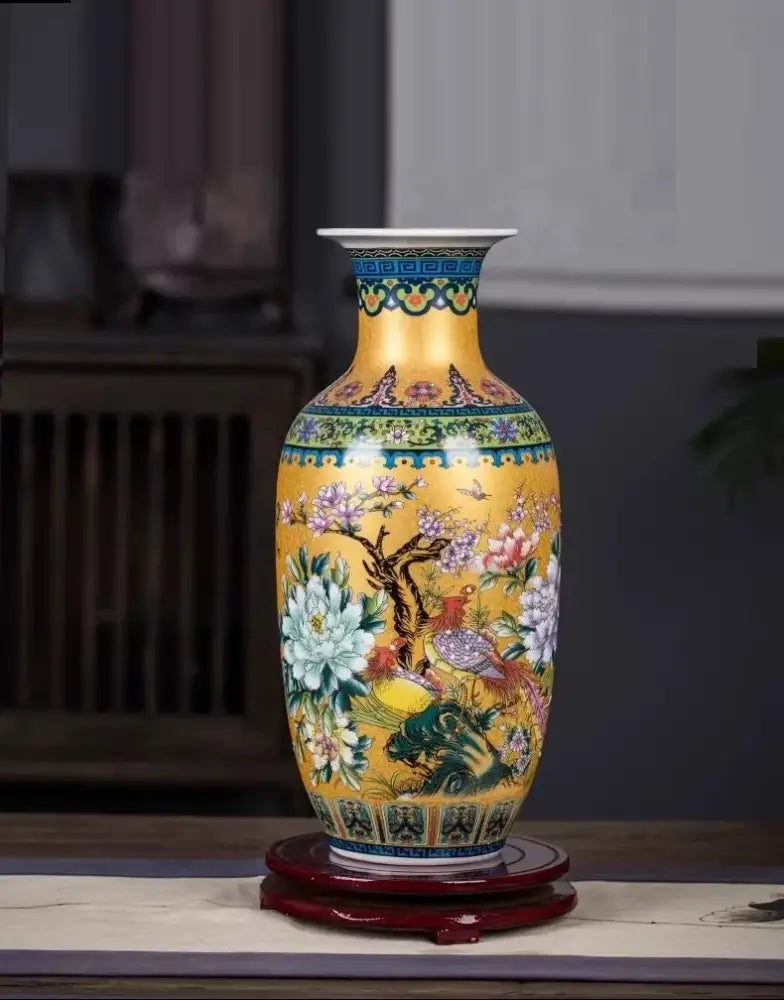 Yellow floral enamel colored vase living room porcelain decor