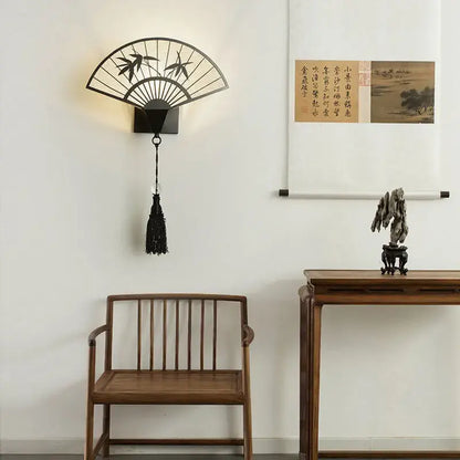 Chinese style black iron fan wall sconce living room decor