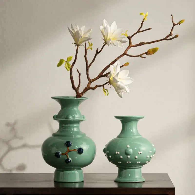 Retro mint green ceramic vase set living room decorative relief pair
