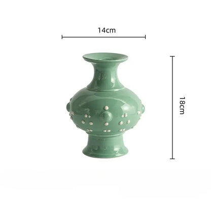 Retro mint green ceramic vase set living room decorative relief pair
