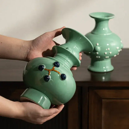 Retro mint green ceramic vase set living room decorative relief pair