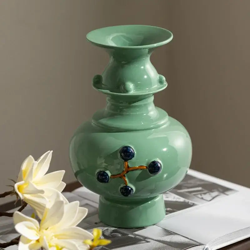 Retro mint green ceramic vase set living room decorative relief pair