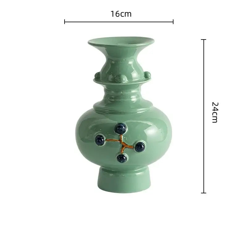 Retro mint green ceramic vase set living room decorative relief pair