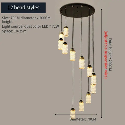 Modern black spiral staircase chandelier with frosted glass for villa