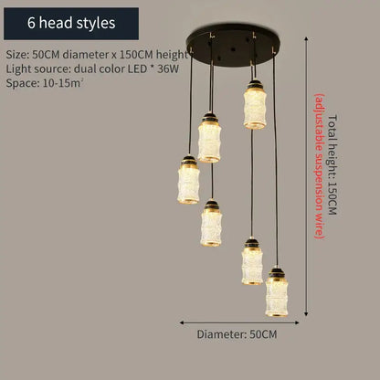 Modern black spiral staircase chandelier with frosted glass for villa