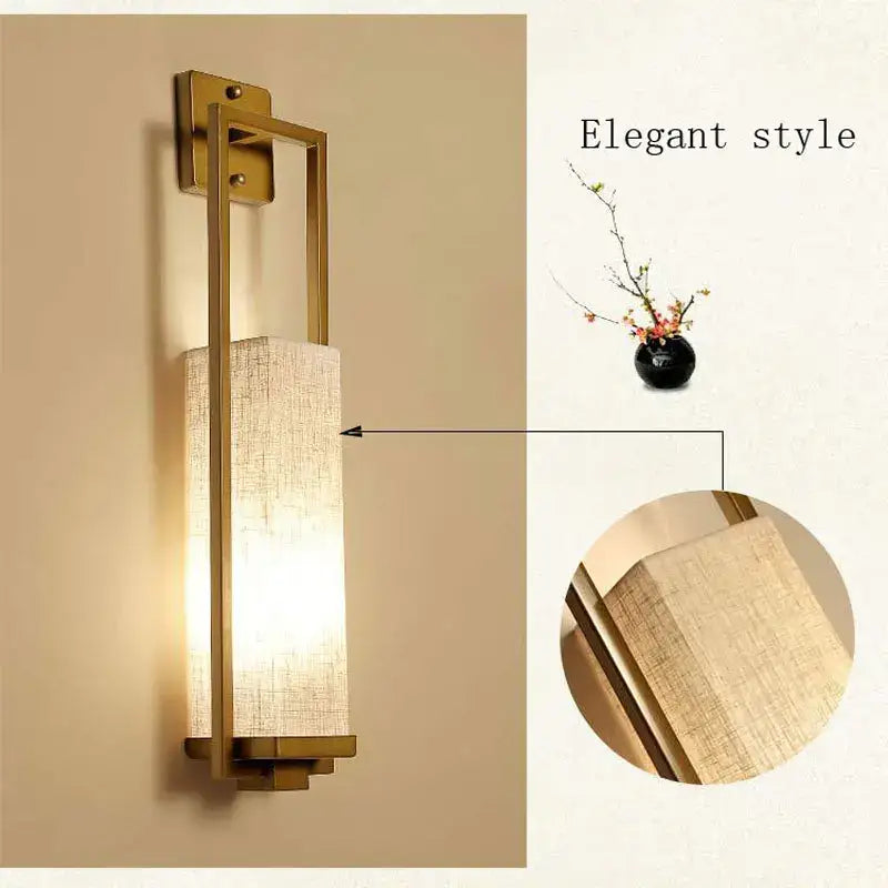 Chinese style gold wall lamp with fabric shade for bedroom