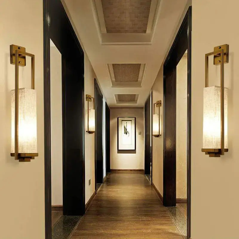 Chinese style gold wall lamp with fabric shade for bedroom