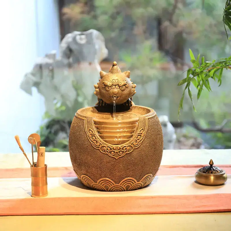 Golden chinese style wealth attracting ornaments living room fountain
