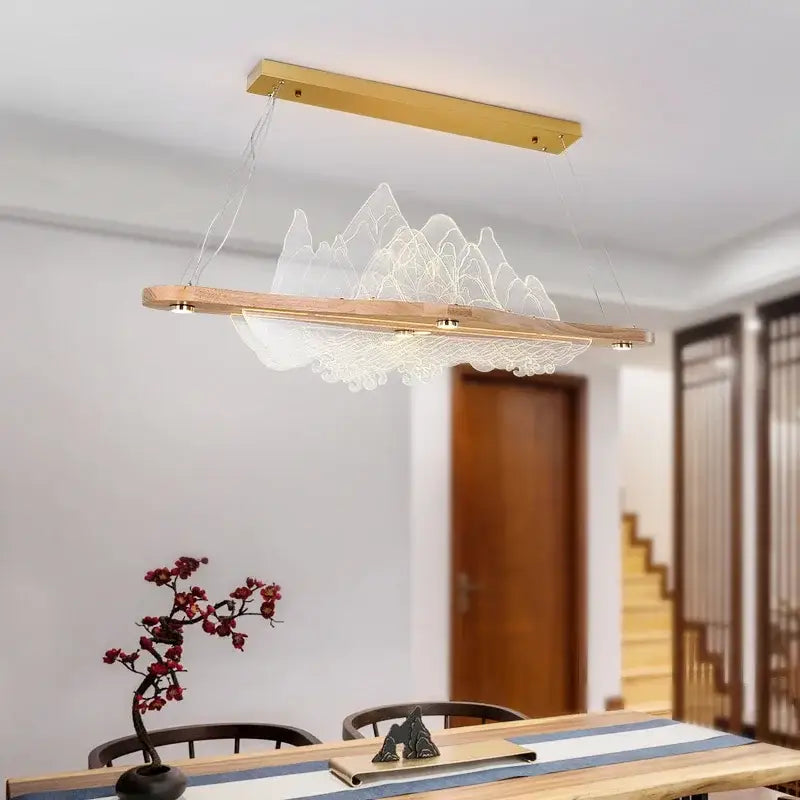 Modern zen wood art chandelier gold mountain light dining room