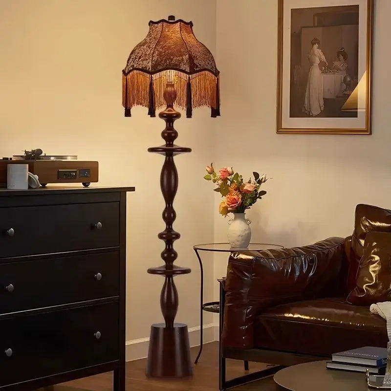Retro dark brown chinese tassels floor lamp for living room