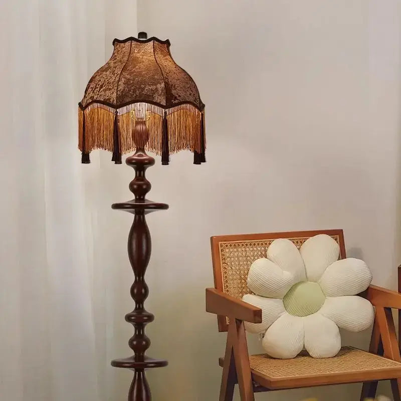 Retro dark brown chinese tassels floor lamp for living room