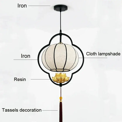 Chinese teahouse lantern chandelier – dining room lotus fabric lamp