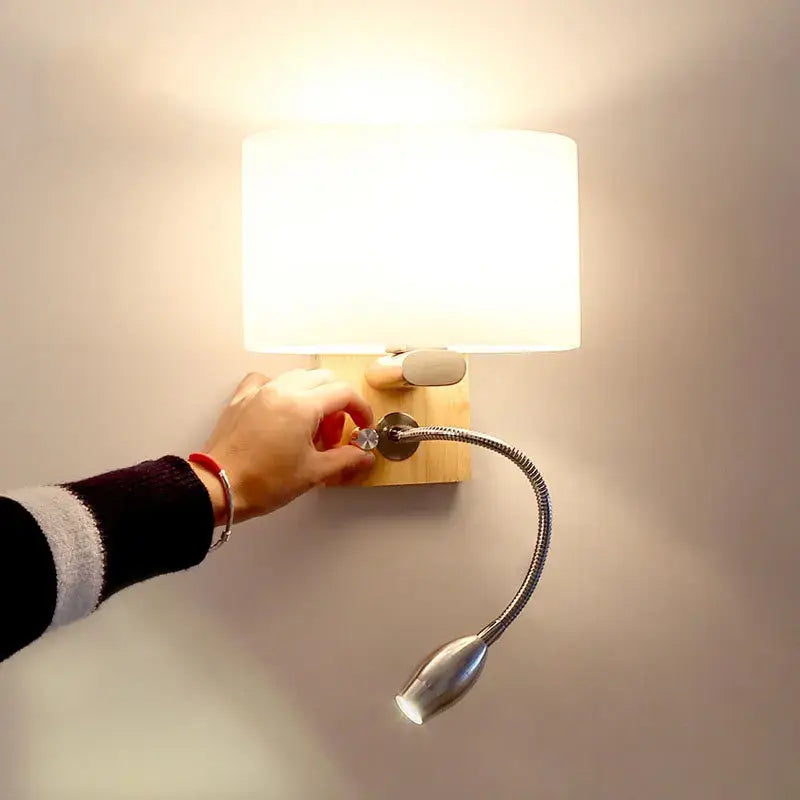 Chinese wood led wall lamp with fabric shade and bedroom reading light