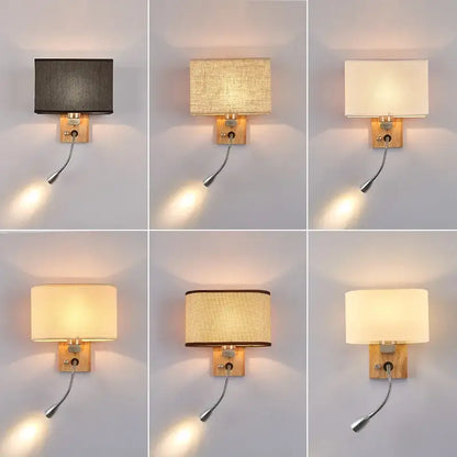 Chinese wood led wall lamp with fabric shade and bedroom reading light