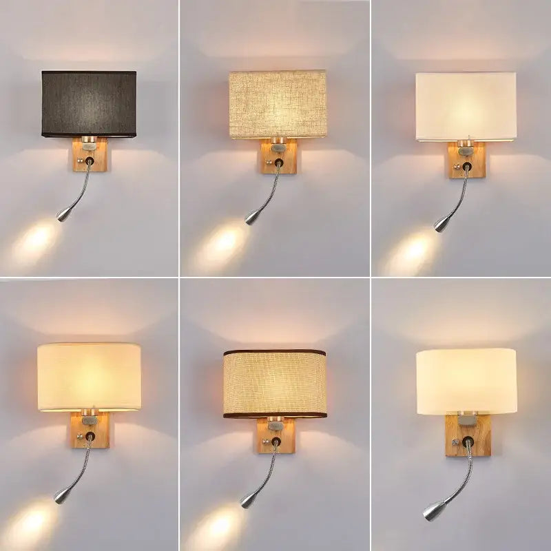 Chinese wood led wall lamp with fabric shade and bedroom reading light