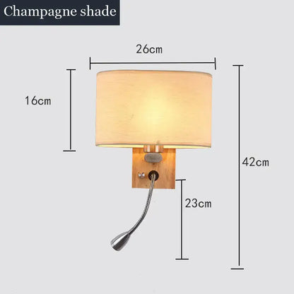 Chinese wood led wall lamp with fabric shade and bedroom reading light