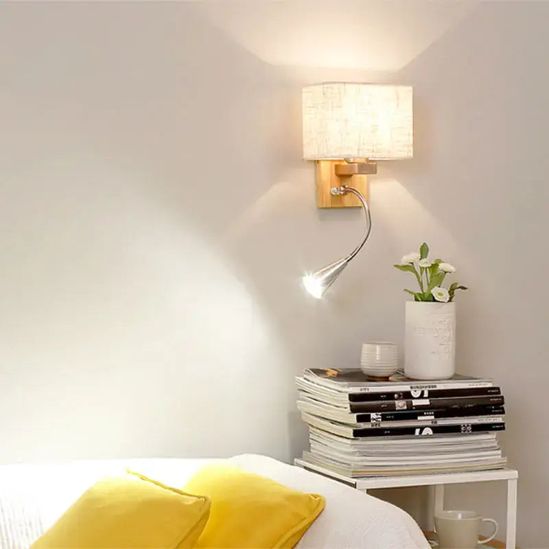Chinese wood led wall lamp with fabric shade and bedroom reading light