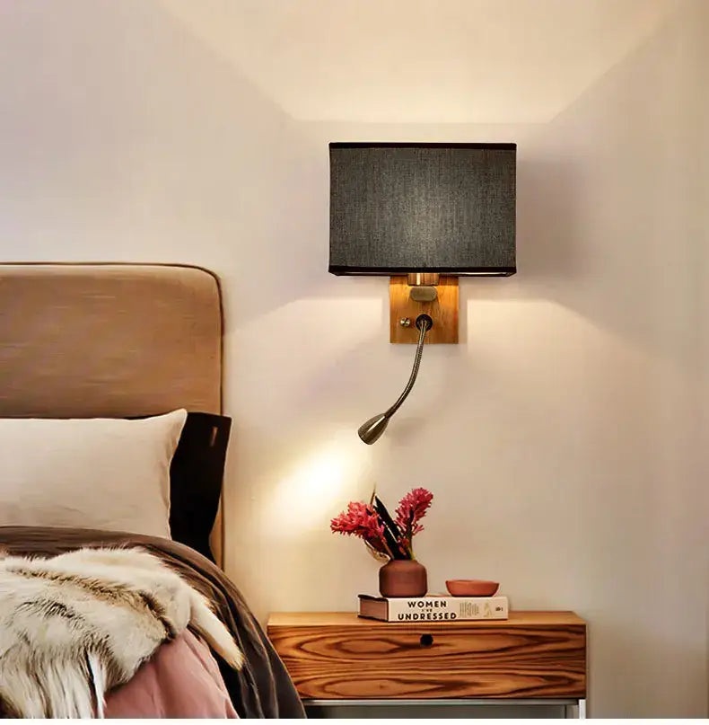 Chinese wood led wall lamp with fabric shade and bedroom reading light