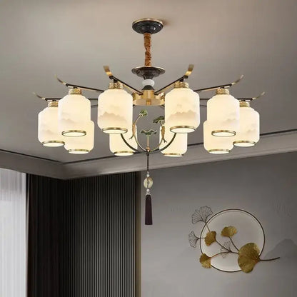 Modern brass chinese zen chandelier with leaf glass for living room