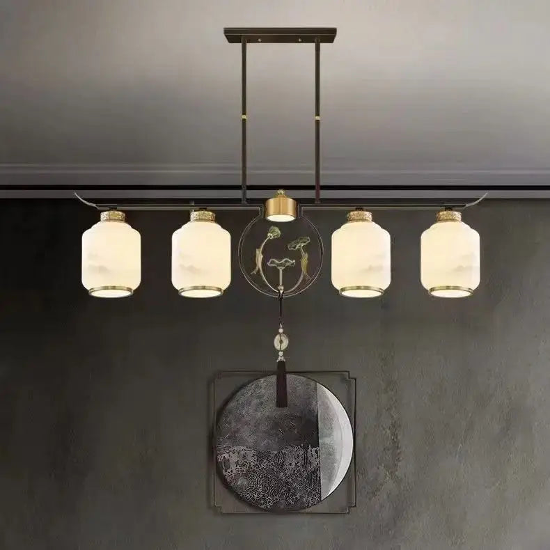 Modern brass chinese zen chandelier with leaf glass for living room