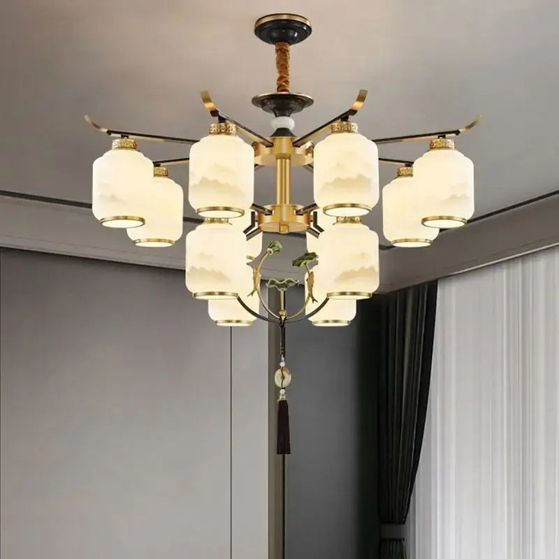 Modern brass chinese zen chandelier with leaf glass for living room