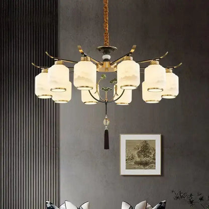Modern brass chinese zen chandelier with leaf glass for living room