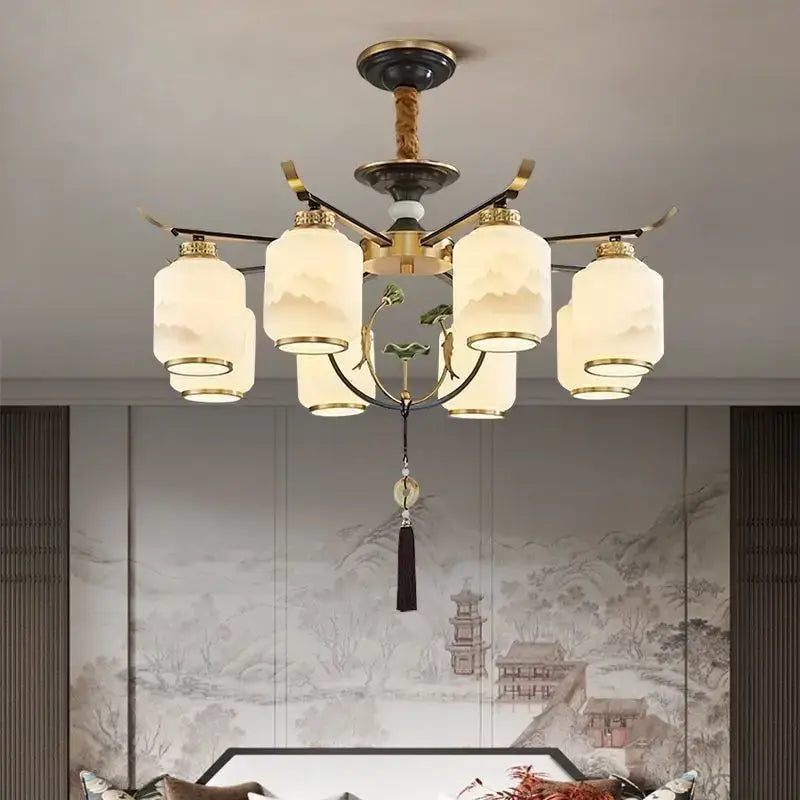 Modern brass chinese zen chandelier with leaf glass for living room