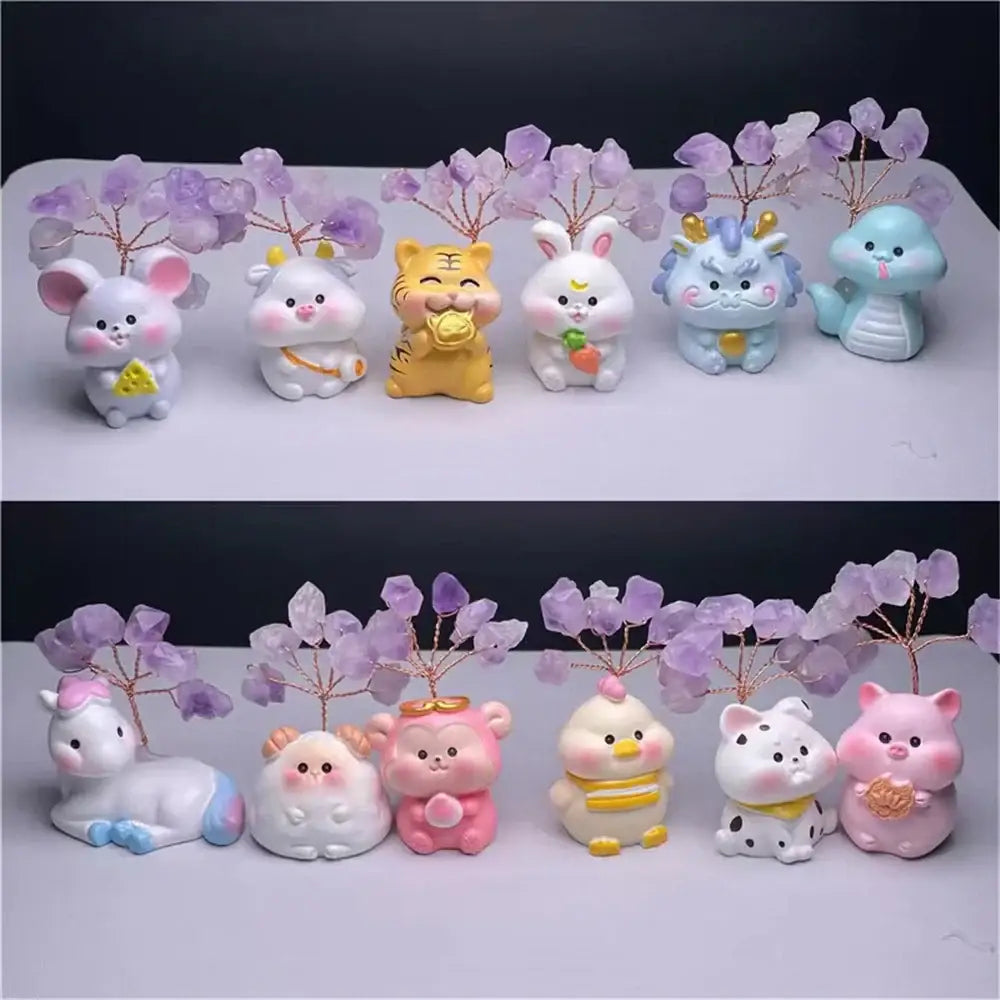 Pastel chinese zodiac amethyst tree figurines bedroom decor