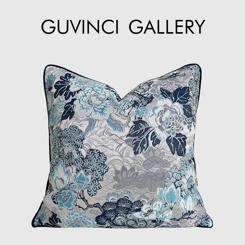 Chinoiserie blue peony floral cushion cover living room decor