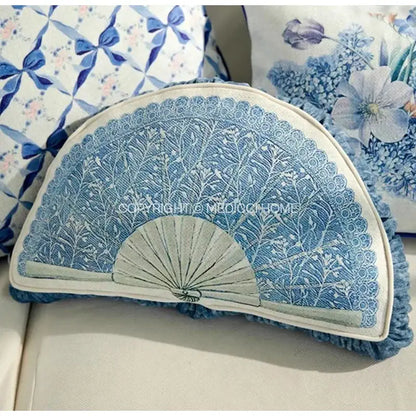 Chinoiserie blue & cream wavy fan pillowcase bedroom lumbar cushion