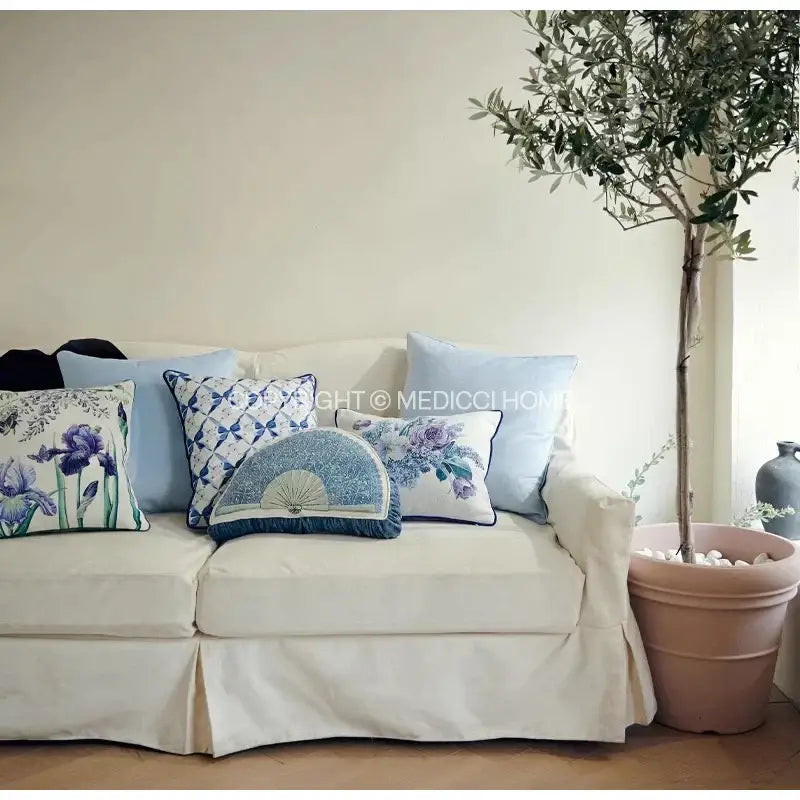 Chinoiserie blue & cream wavy fan pillowcase bedroom lumbar cushion