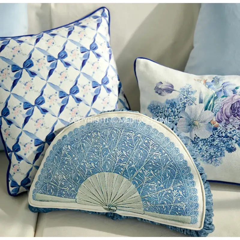 Chinoiserie blue & cream wavy fan pillowcase bedroom lumbar cushion