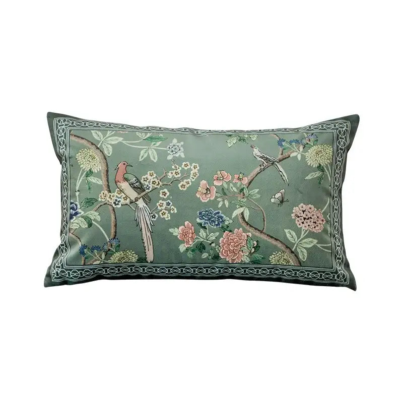 Chinoiserie courtyard bird and flowers print lumbar pillow living room