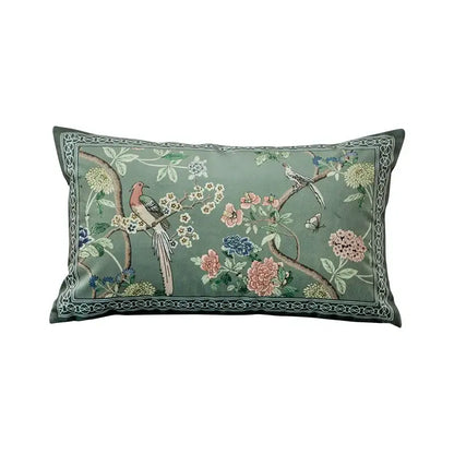Chinoiserie courtyard bird and flowers print lumbar pillow living room