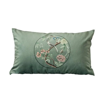 Chinoiserie courtyard bird and flowers print lumbar pillow living room