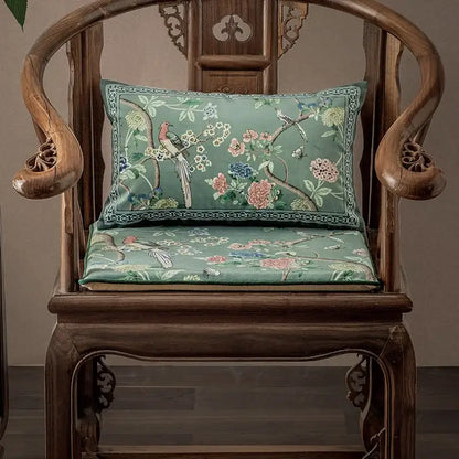 Chinoiserie courtyard bird and flowers print lumbar pillow living room