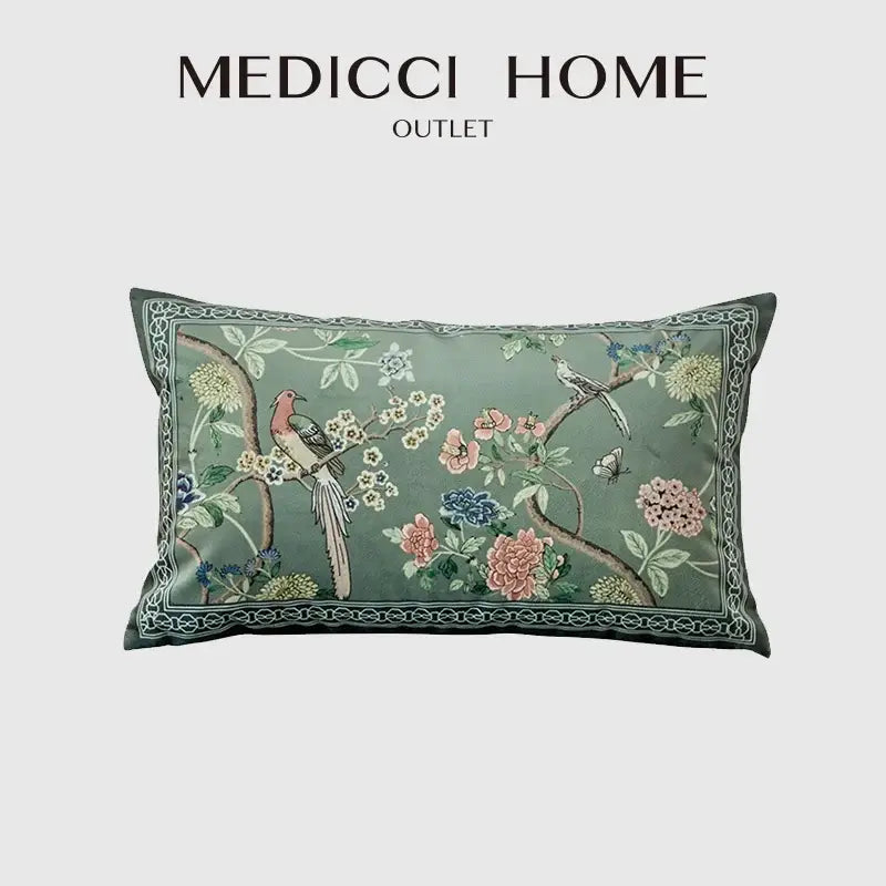 Chinoiserie courtyard bird and flowers print lumbar pillow living room