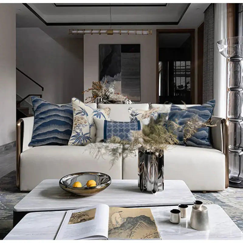 Chinoiserie decor throw pillow cover cream & blue living room